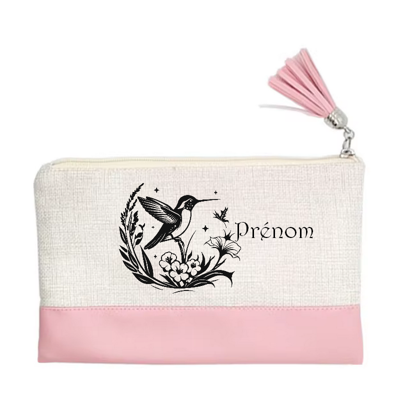 Pochette personnalisée motif colibri fleur en toile et simili cuir personnalisée