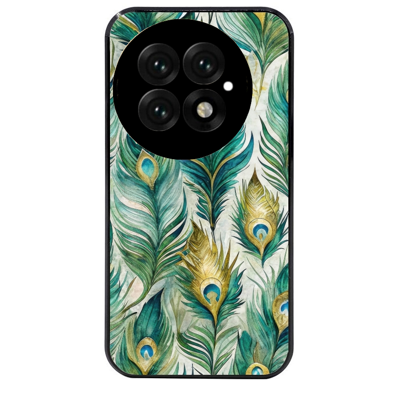 Coque noire taperso pour OnePlus 13 avec motif paon plumes protection antichoc personnalisée