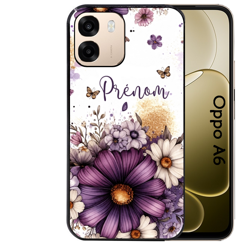 Coque noire taperso pour OPPO A6 A6X 4G et 5G avec motif fleur violette personnalisee protection antichoc personnalisée
