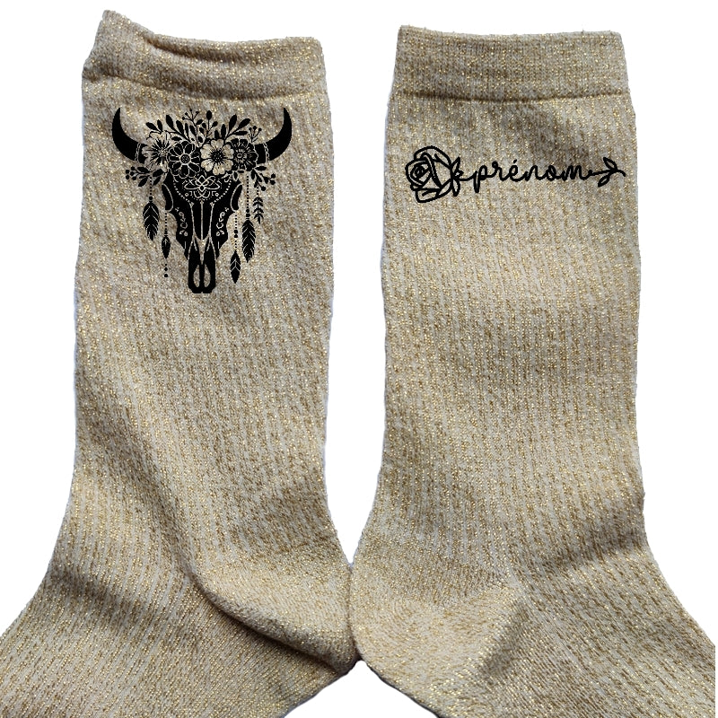 Chaussettes personnalisée paillettes doré motif skull bull