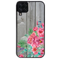 Coque noire taperso pour galaxy A22 A32 A52 A52S 4G 5G  avec motif bois gris et fleur rose protection antichoc personnalisée