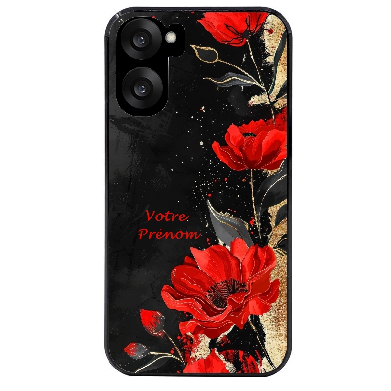 Coque noire taperso pour OnePlus Nord CE5 avec motif fleur rouge avec prenom protection antichoc personnalisée