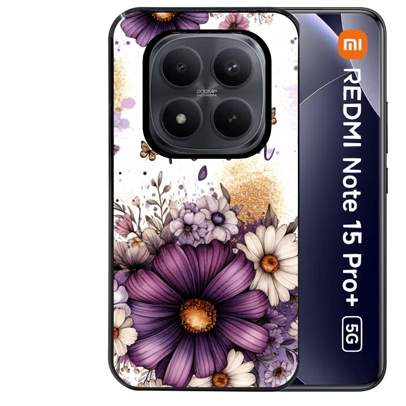Coque noire taperso pour Redmi Note 15 et PRO PLUS 4G 5G avec motif fleur violette personnalisee protection antichoc personnalisée