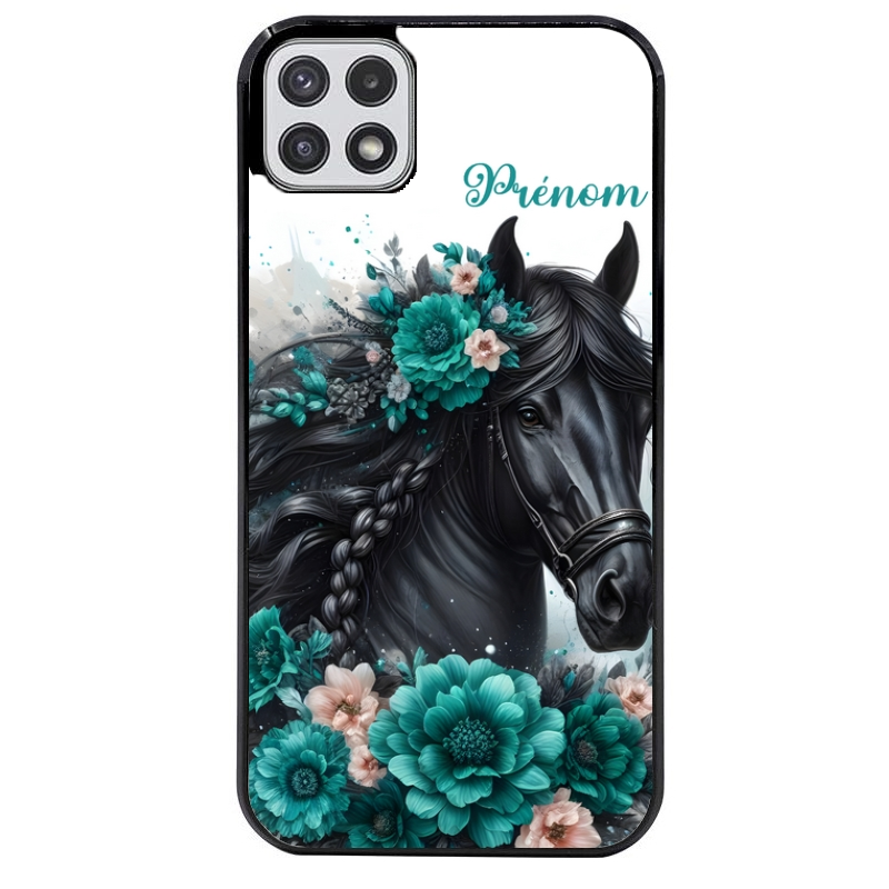 Coque noire taperso pour galaxy A22 A32 A52 A52S 4G 5G  avec motif cheval et fleurs personnalisee protection antichoc personnalisée