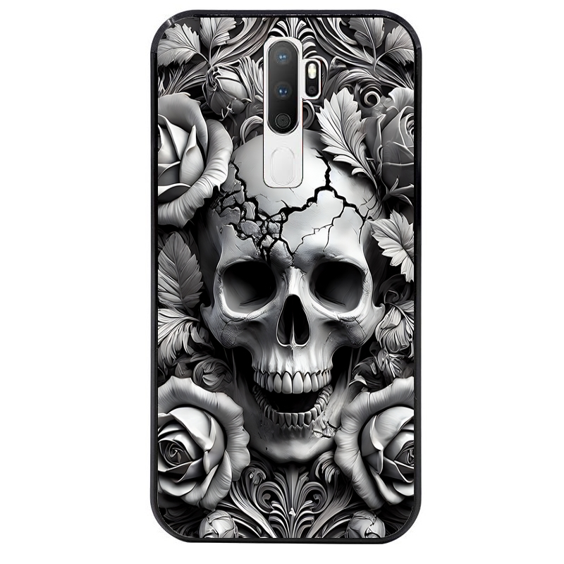 Coque noire taperso pour OPPO A5 A9 2020 avec motif tete de mort fleur protection antichoc personnalisée