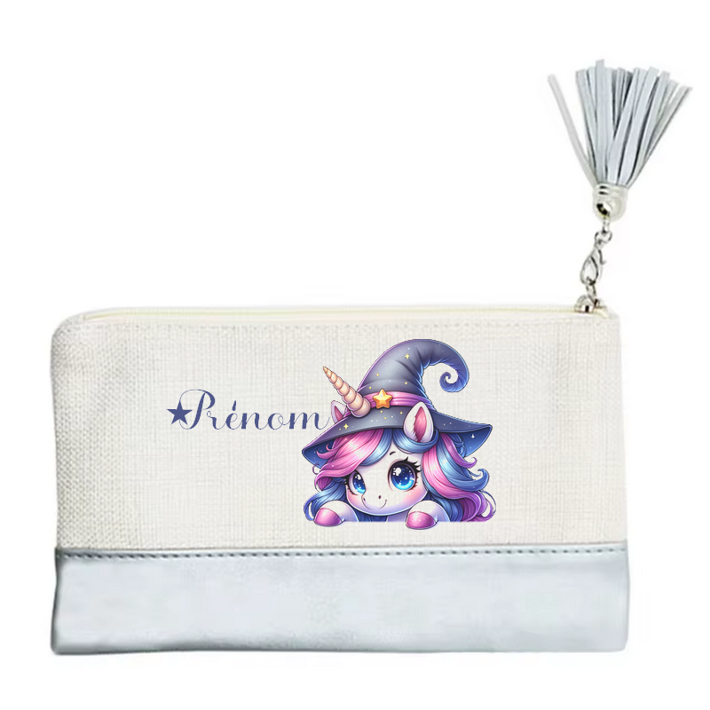 Pochette personnalisée motif licorne magic en toile et simili cuir personnalisée