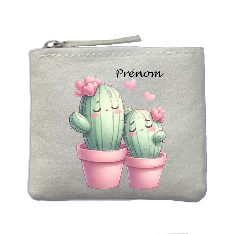 Porte monnaie personnalisé cactus love ivoire en feutrine en feutrine ivoire