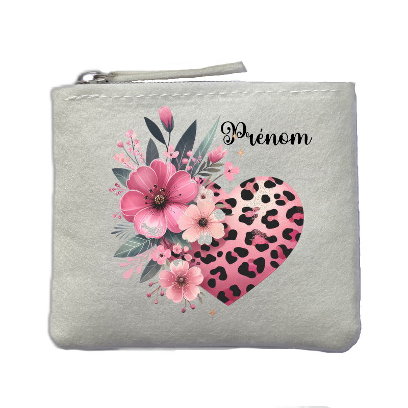 Porte monnaie personnalisé coeur leopard ivoire en feutrine en feutrine ivoire