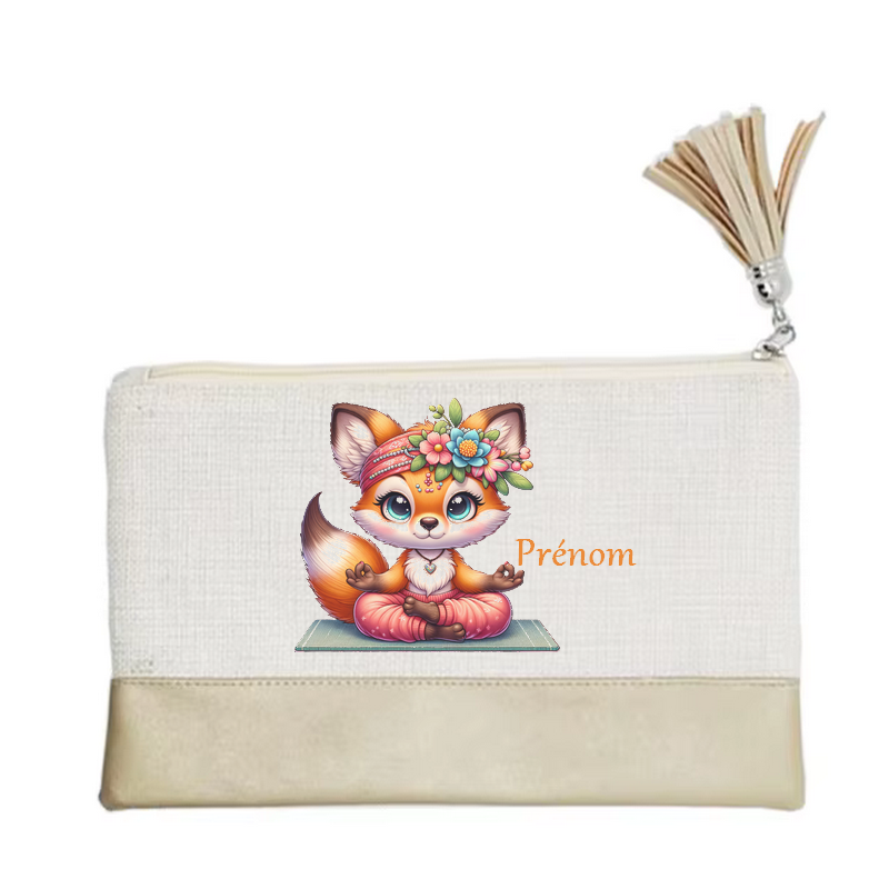 Pochette personnalisée motif fox renard yoga en toile et simili cuir personnalisée