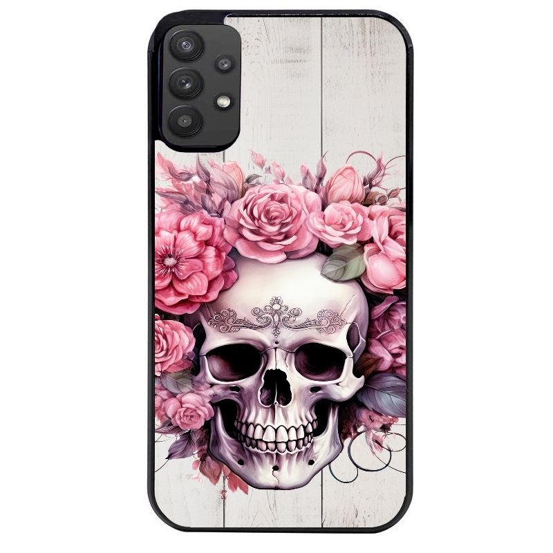 Coque noire taperso pour galaxy A22 A32 A52 A52S 4G 5G  avec motif tete de mort floral protection antichoc personnalisée
