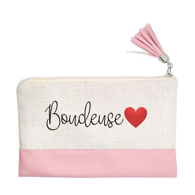 Pochette motif boudeuse et cœur en toile et simili cuir