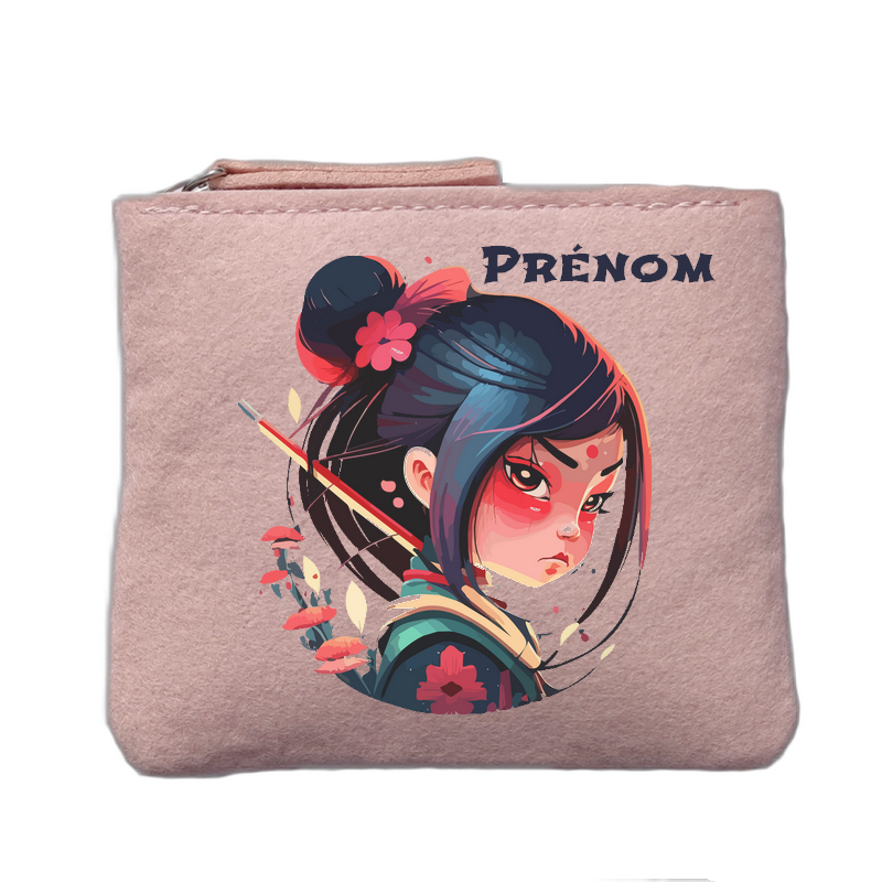 Porte monnaie personnalisé motif samourai anime rose clair en feutrine en feutrine