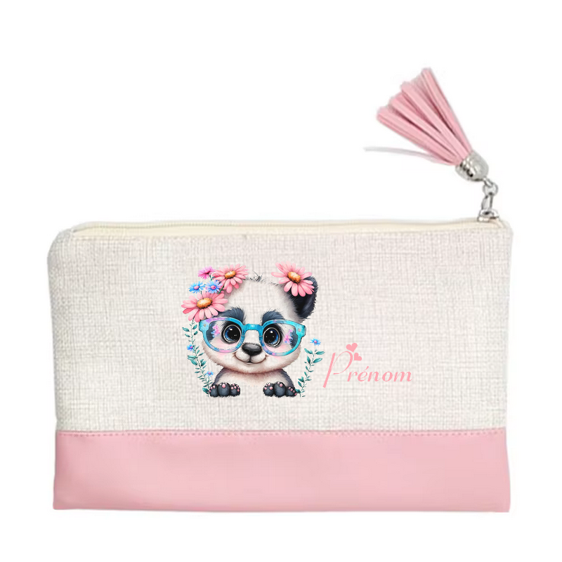 Pochette personnalisée motif panda fleur en toile et simili cuir personnalisée