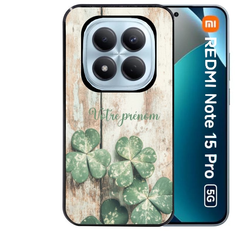 Coque noire taperso pour Redmi Note 15 et PRO PLUS 4G 5G avec motif bois et trefle personnalisee protection antichoc personnalisée