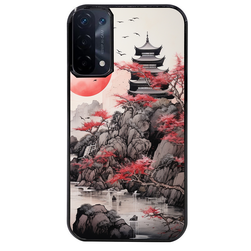 Coque noire taperso pour OPPO A54 et A74 5G avec motif japan et temple protection antichoc personnalisée