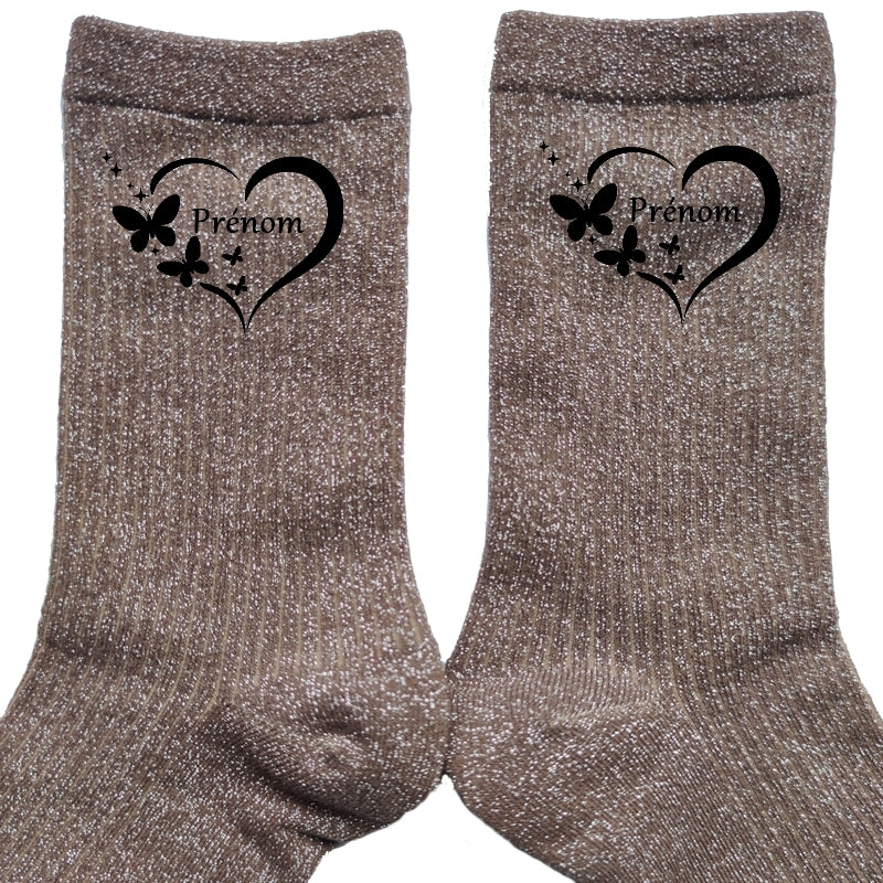 Chaussettes personnalisées paillettes bronze motif coeur papillon