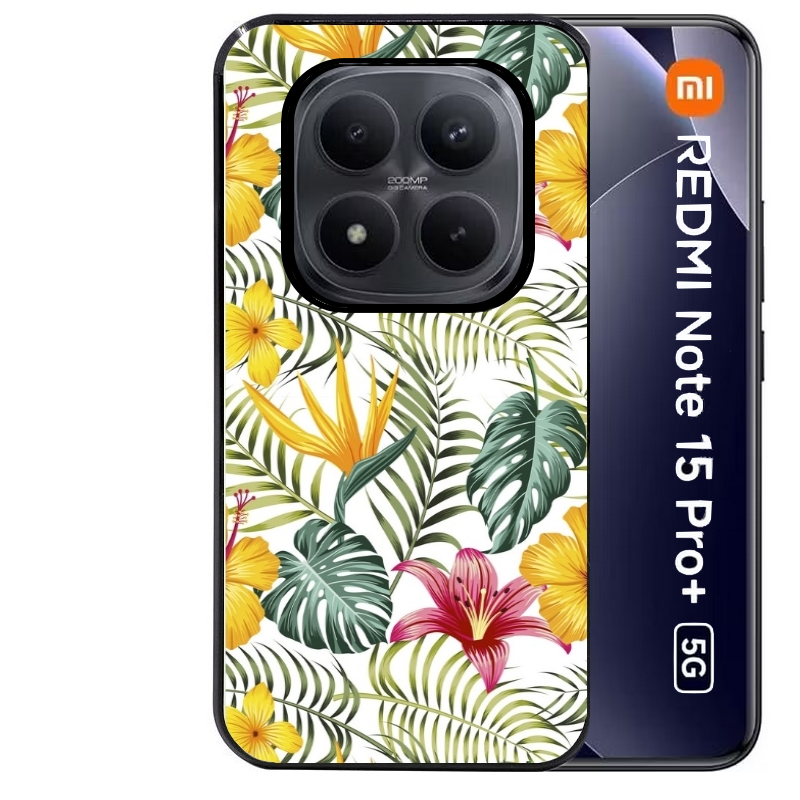 Coque noire taperso pour Redmi Note 15 et PRO PLUS 4G 5G avec motif jungle et fleur hibiscus protection antichoc personnalisée