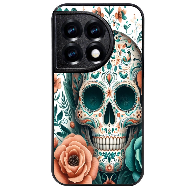 Coque noire taperso pour OnePlus 11 et 12 avec motif mort mexicaine turquoise protection antichoc personnalisée