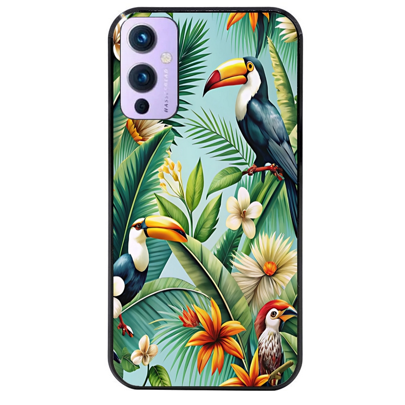 Coque noire taperso pour OnePlus 9 et 9 PRO avec motif perroquet tropical protection antichoc personnalisée