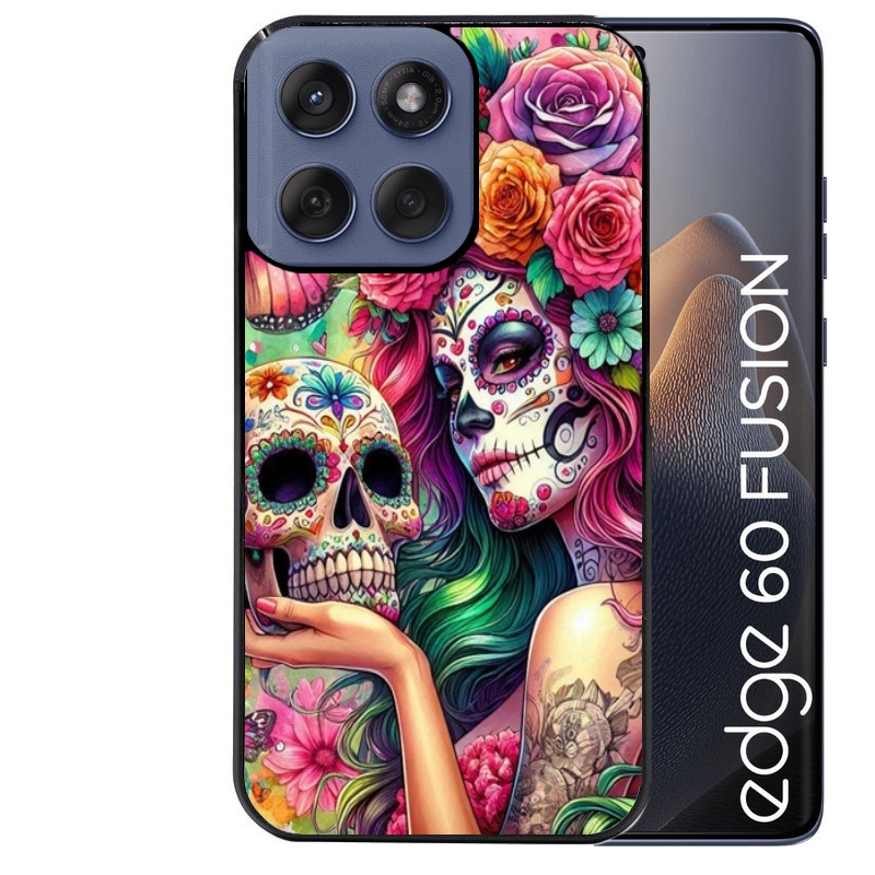 Coque noire taperso pour Moto Edge 60 et Neo Fusion Pro avec motif tete de mort calavera skull protection antichoc personnalisée