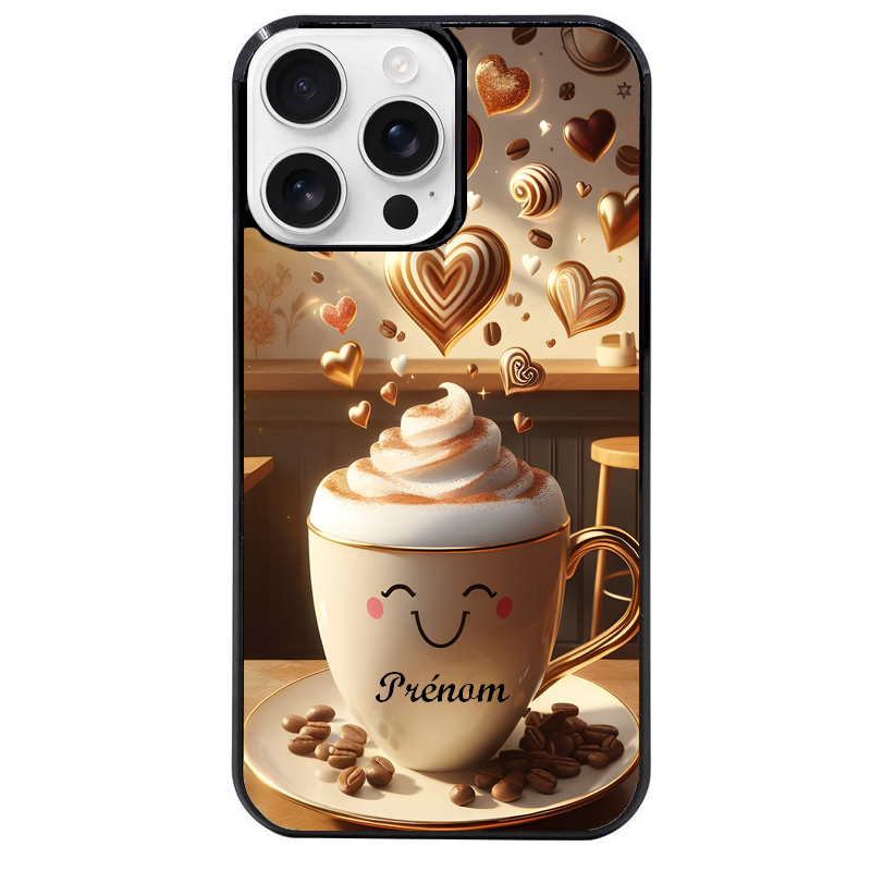 Coque noire taperso pour Iphone 16 16E PLUS MAX PRO avec motif cafe love morning personnalise protection antichoc personnalisée