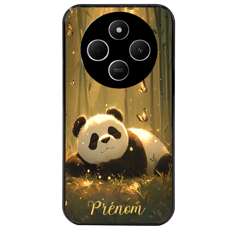Coque noire taperso pour POCO C75 avec motif panda et papillon personnalisee protection antichoc personnalisée