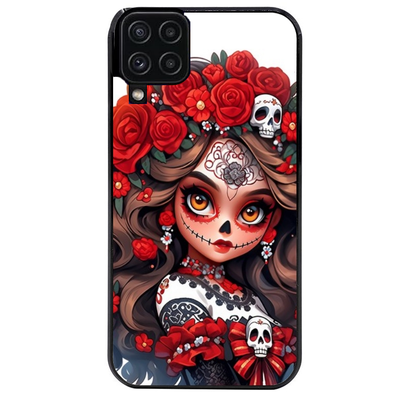 Coque noire taperso pour galaxy A22 A32 A52 A52S 4G 5G  avec motif tete de mort calavera rouge protection antichoc personnalisée