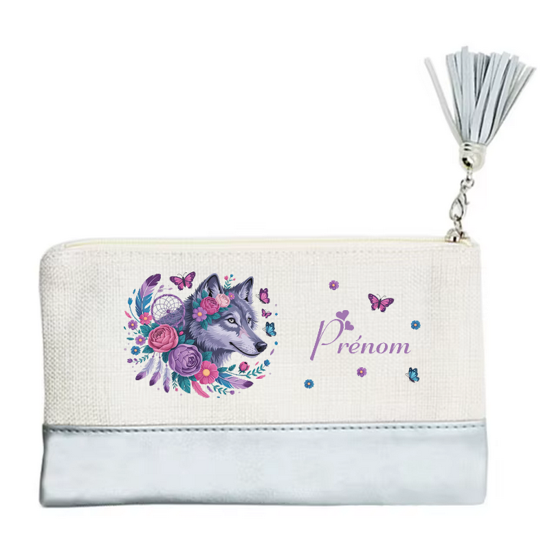 Pochette personnalisée motif loup dreamcatcher en toile et simili cuir personnalisée