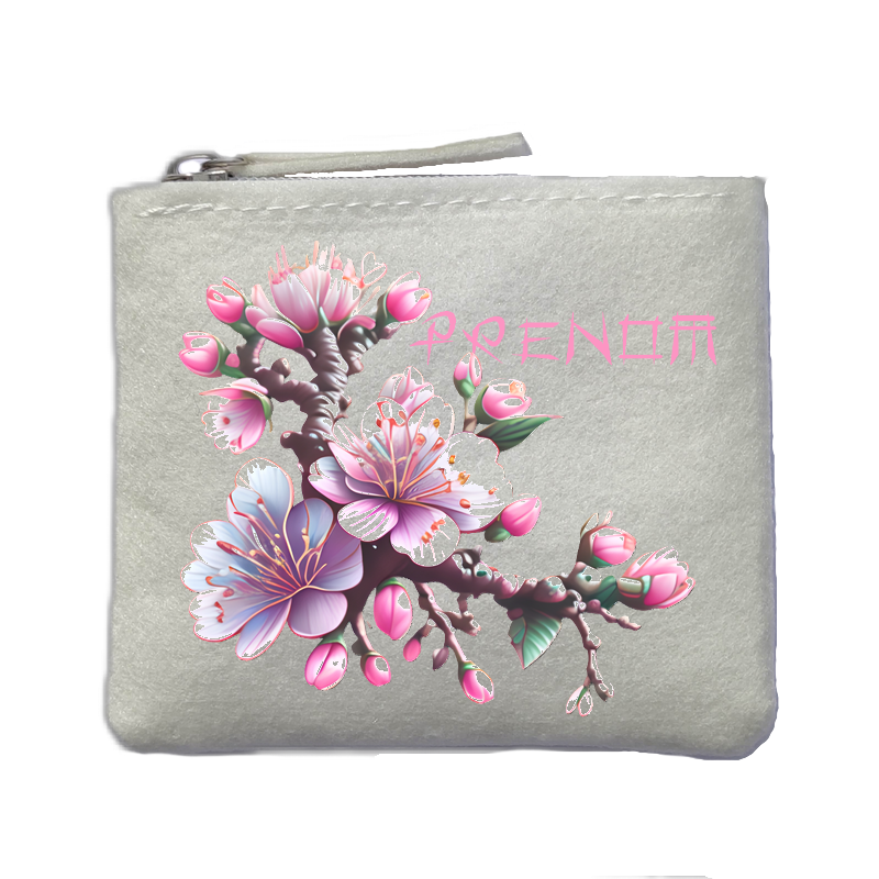 Porte monnaie personnalisé fleur sakura ivoire en feutrine en feutrine ivoire