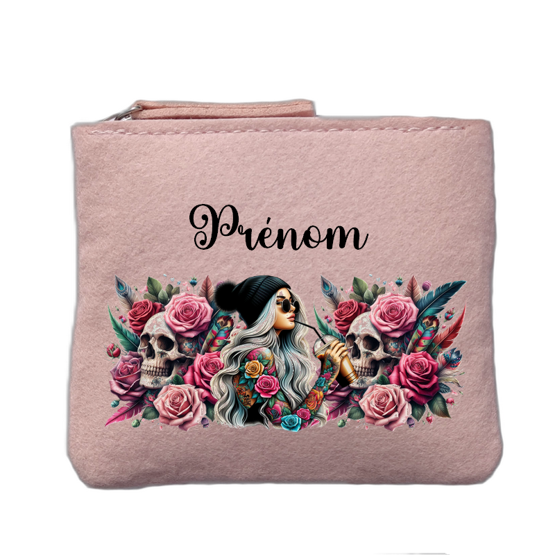 Porte monnaie personnalisé motif tete de mort girl rose clair en feutrine en feutrine