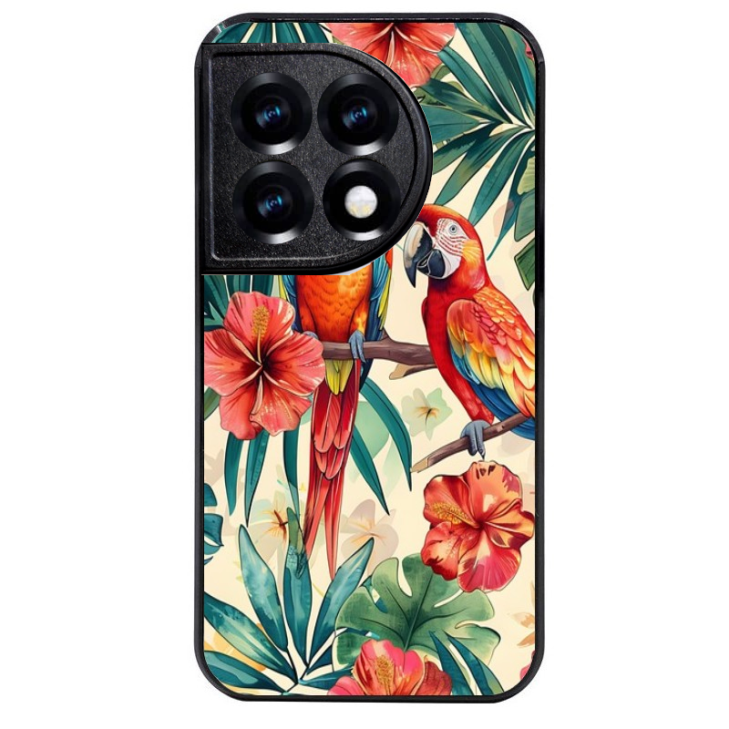 Coque noire taperso pour OnePlus 11 et 12 avec motif perroquet et fleurs protection antichoc personnalisée