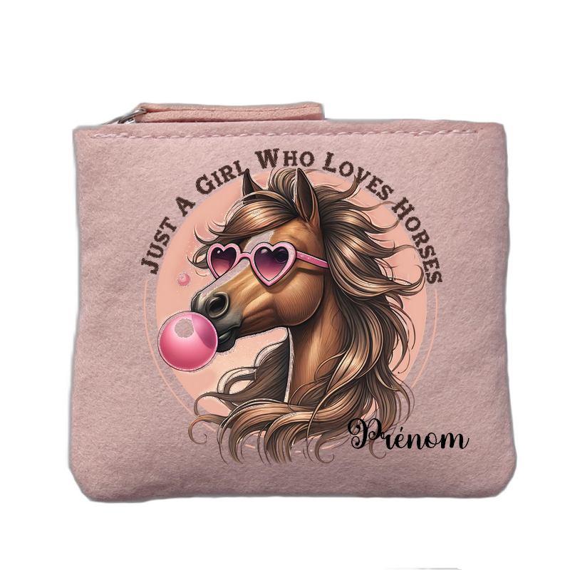 Porte monnaie personnalisé motif cheval bubble rose clair en feutrine en feutrine