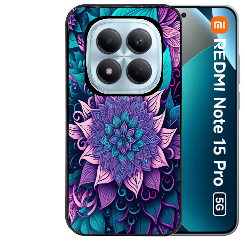 Coque noire taperso pour Redmi Note 15 et PRO PLUS 4G 5G avec motif tropical mandala et fleur violet protection antichoc personnalisée
