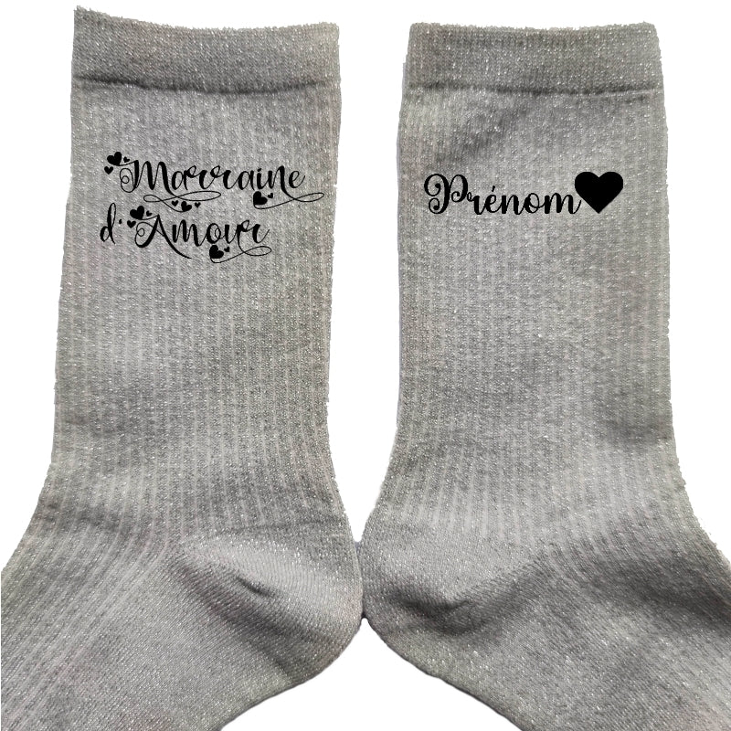 Chaussettes personnalisée paillettes argent motif marraine d'amour