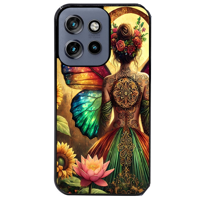 Coque noire taperso pour Moto Edge 60 et Neo Fusion Pro avec motif fee et fleurs protection antichoc personnalisée