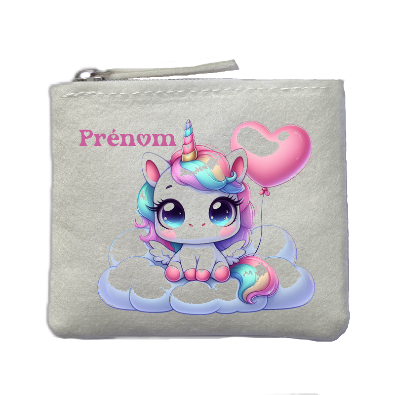 Porte monnaie personnalisé licorne nuages ivoire en feutrine en feutrine ivoire
