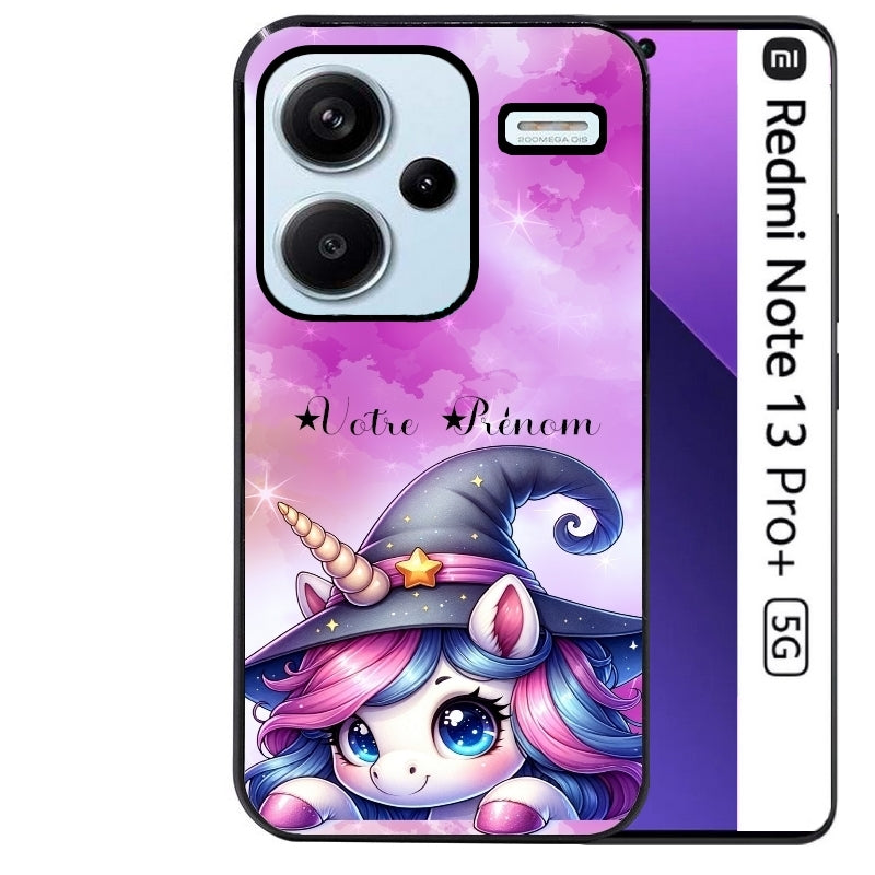 Coque noire taperso pour Redmi Note 13 PRO PLUS 5G avec motif licorne magic avec prenom protection antichoc personnalisée
