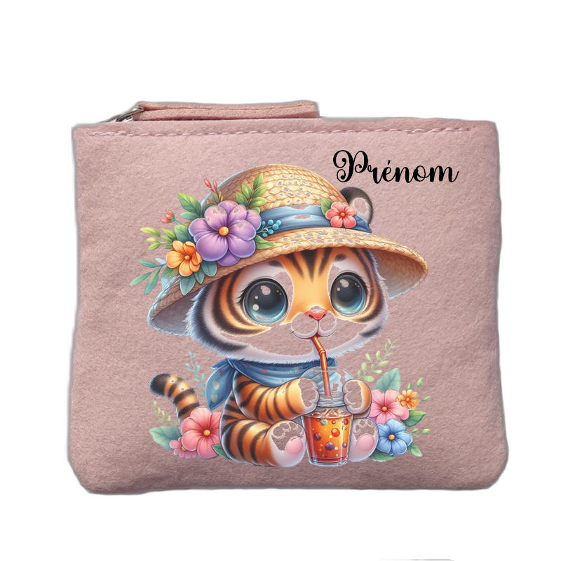 Porte monnaie personnalisé motif tigre bubble rose clair en feutrine en feutrine