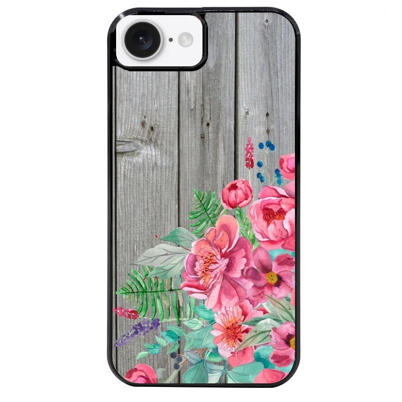 Coque noire taperso pour Iphone 16 16E PLUS MAX PRO avec motif bois gris et fleur rose protection antichoc personnalisée
