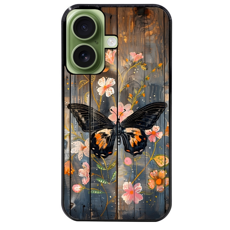 Coque noire taperso pour Iphone 16 16E PLUS MAX PRO avec motif bois et papillon 2 protection antichoc personnalisée