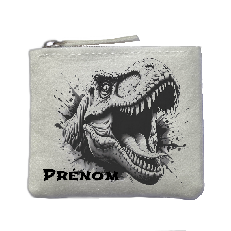 Porte monnaie personnalisé dinosaure black ivoire en feutrine en feutrine ivoire