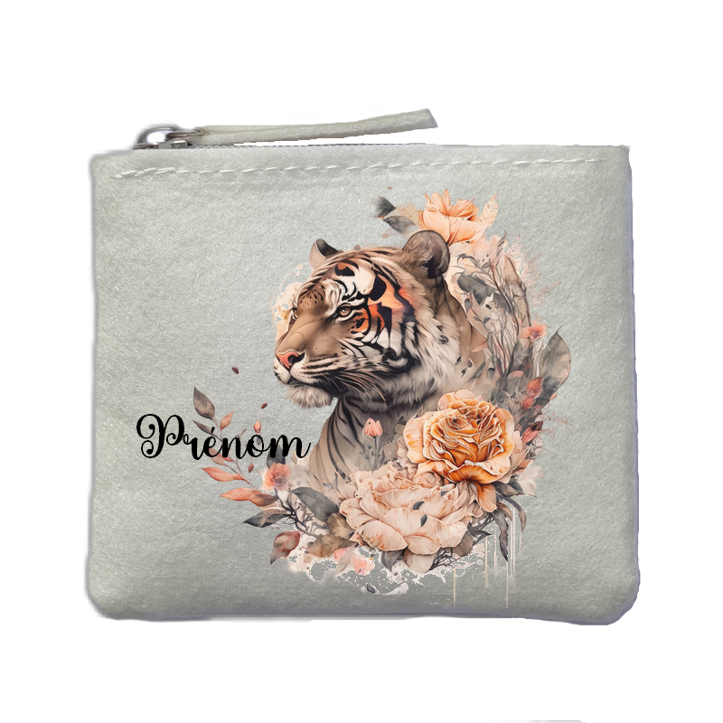 Porte monnaie personnalisé tigre pastel ivoire en feutrine en feutrine ivoire