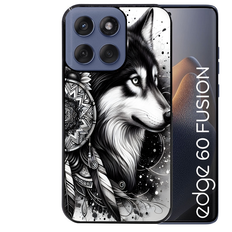 Coque noire taperso pour Moto Edge 60 et Neo Fusion Pro avec motif loup dreamcatcher protection antichoc personnalisée