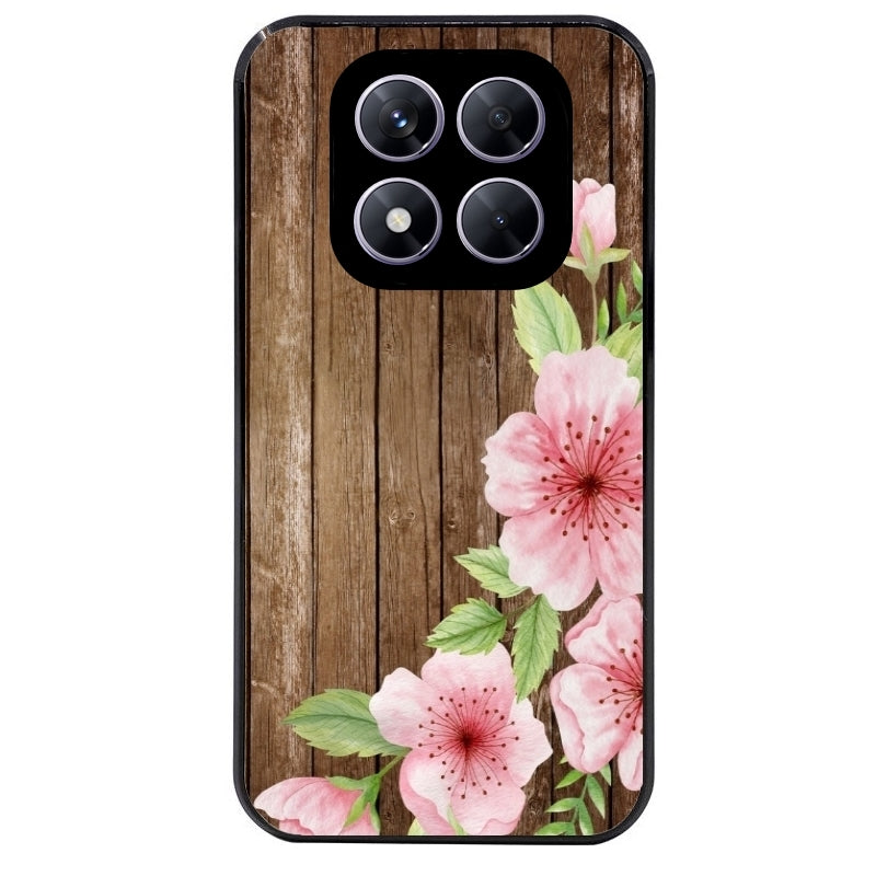 Coque noire taperso pour Redmi Note 14 et PRO PLUS 4G 5G avec motif bois avec fleur rose protection antichoc personnalisée