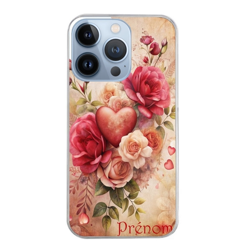 Coque taperso pour Iphone 13 et PRO MINI PRO MAX avec motif coeur et fleur personnalisee protection antichoc personnalisée