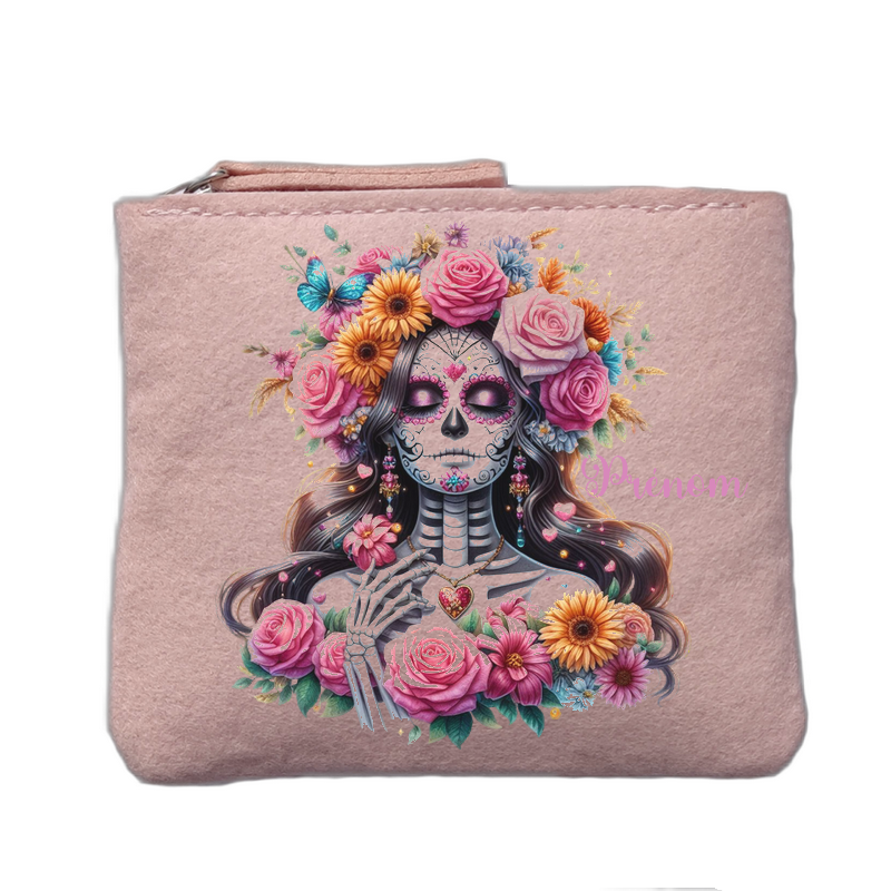Porte monnaie personnalisé motif mort calavera fleur rose clair en feutrine en feutrine