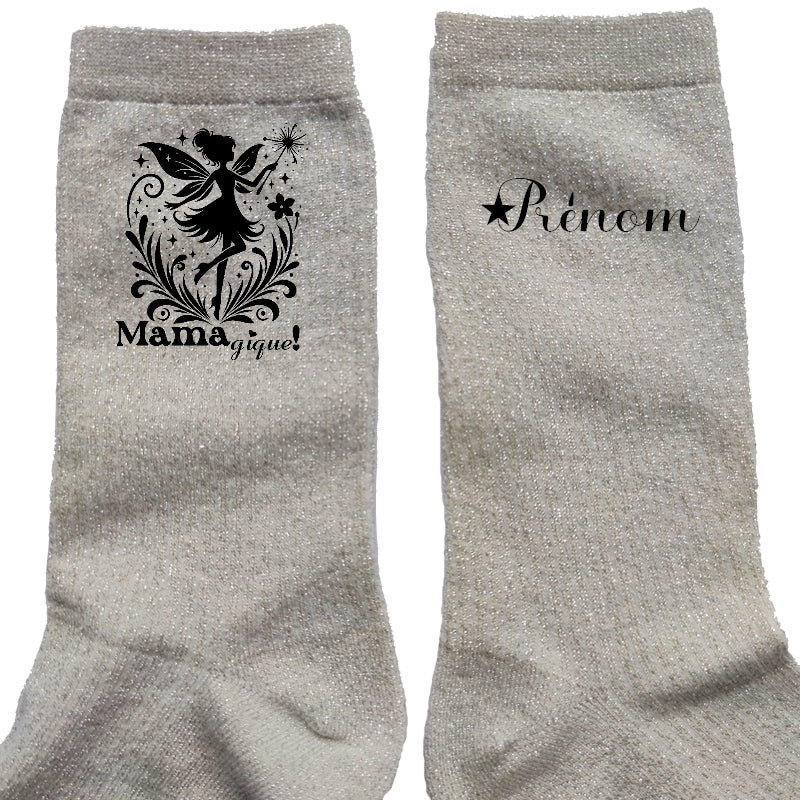 Chaussettes personnalisée paillettes crème motif maman magique