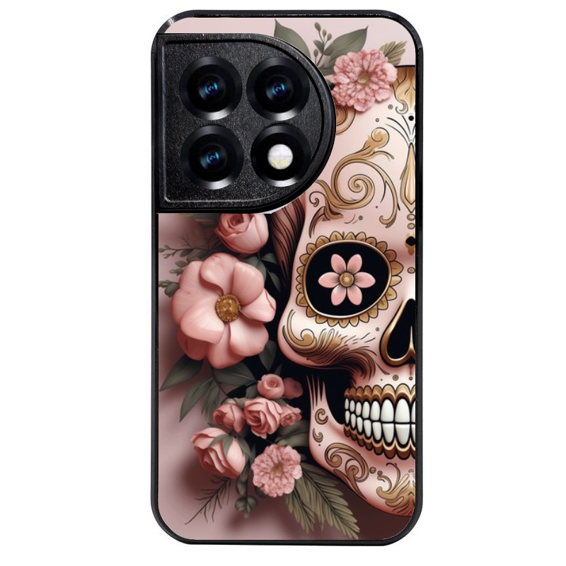 Coque noire taperso pour OnePlus 11 et 12 avec motif tete de mort calavera rose protection antichoc personnalisée