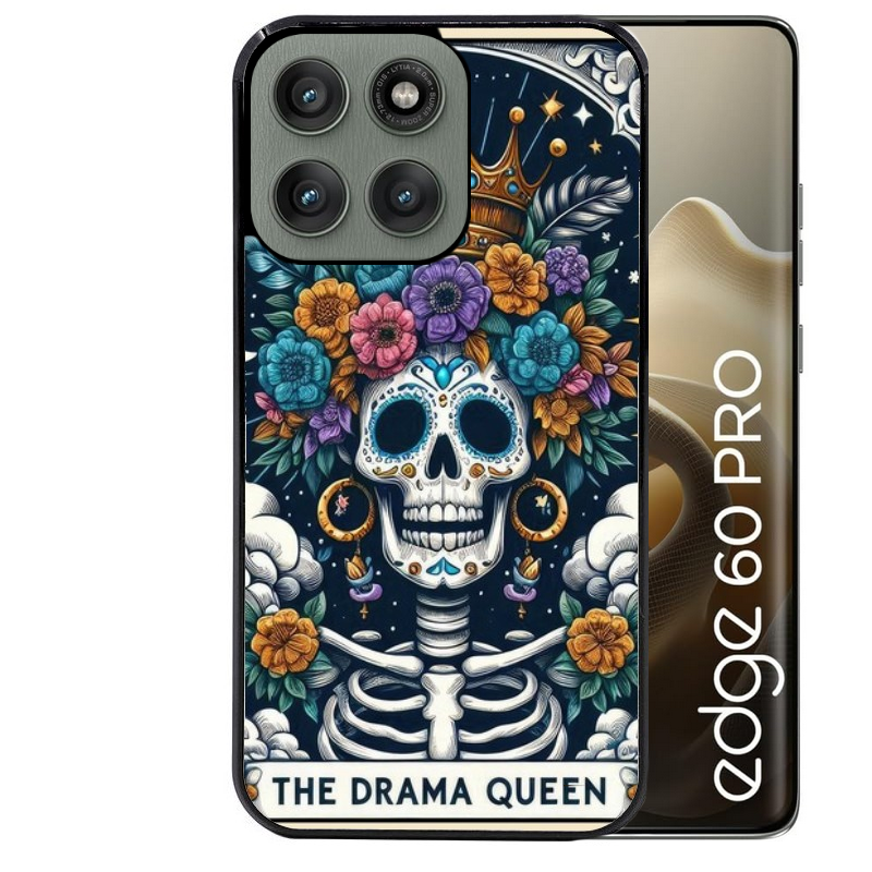 Coque noire taperso pour Moto Edge 60 et Neo Fusion Pro avec motif tete de mort drama queen protection antichoc personnalisée