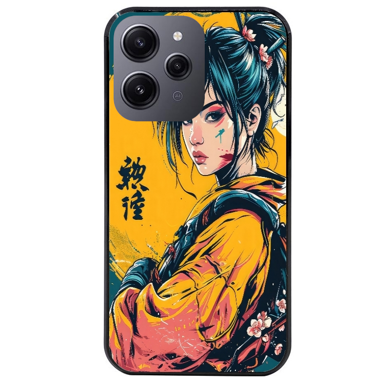 Coque noire taperso pour Redmi 12 4G et 5G avec motif samourai girl anime protection antichoc personnalisée